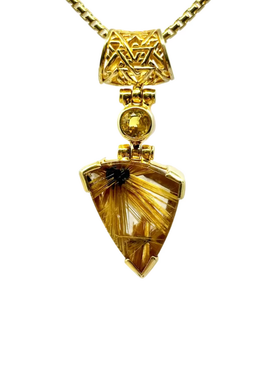 Golden Rutilated Quartz Flower + Yellow Sapphire Fine Vibrational Gemstone Pendant