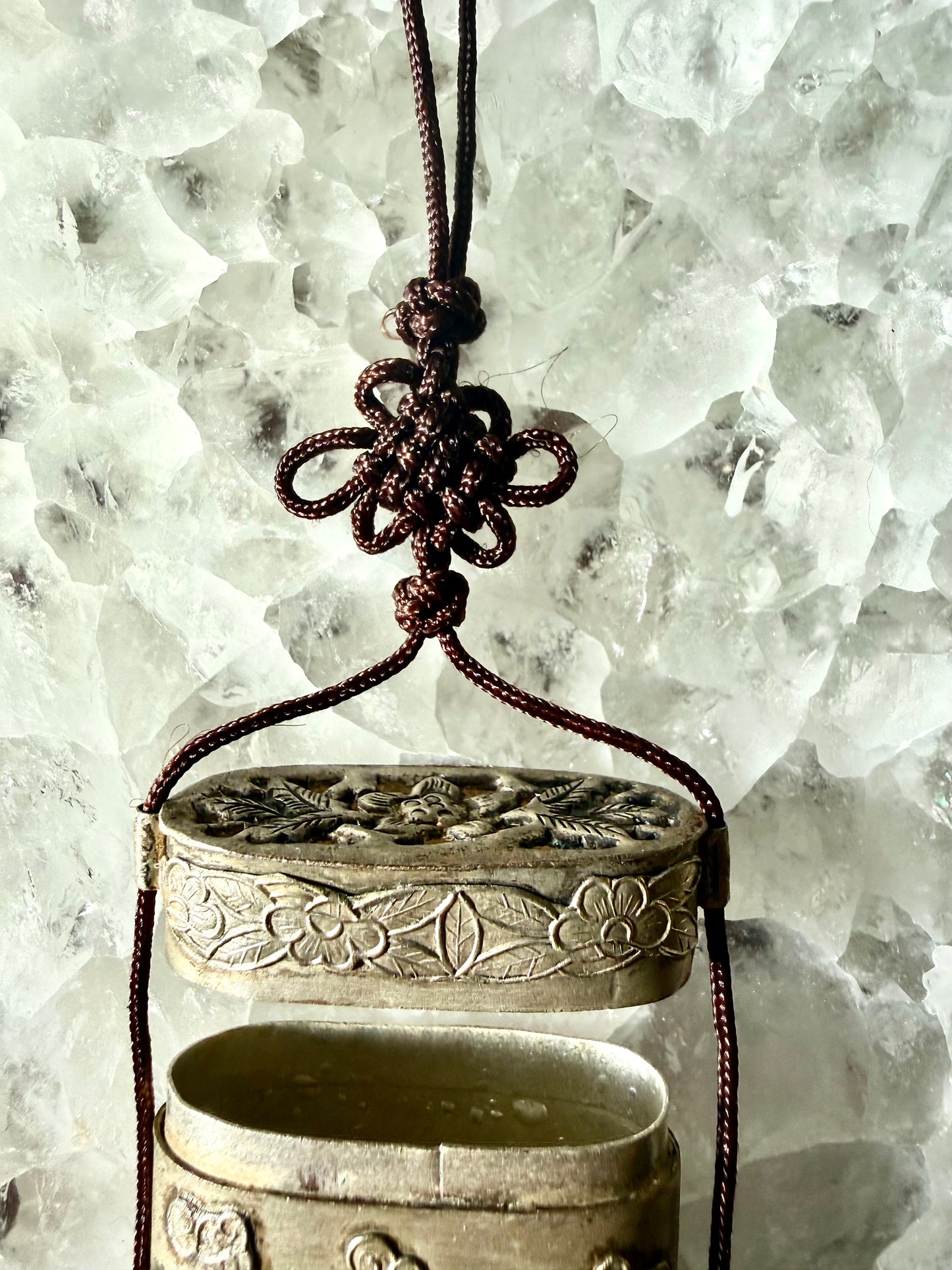 Vintage Silver Tone Dragon Embossed Tassel Trinket Box Necklace