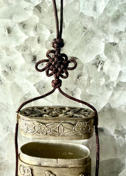 Vintage Silver Tone Dragon Embossed Tassel Trinket Box Necklace