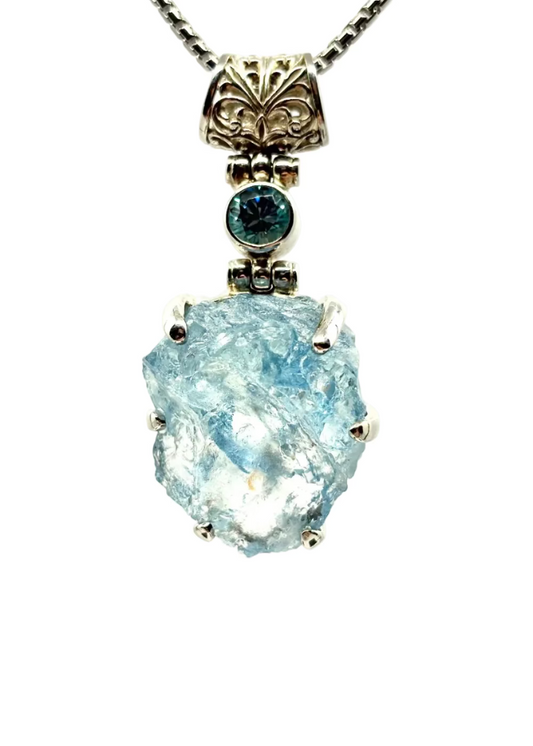 Blue Beryl Raw + Blue Zircon Vibrational Gemstone Pendant