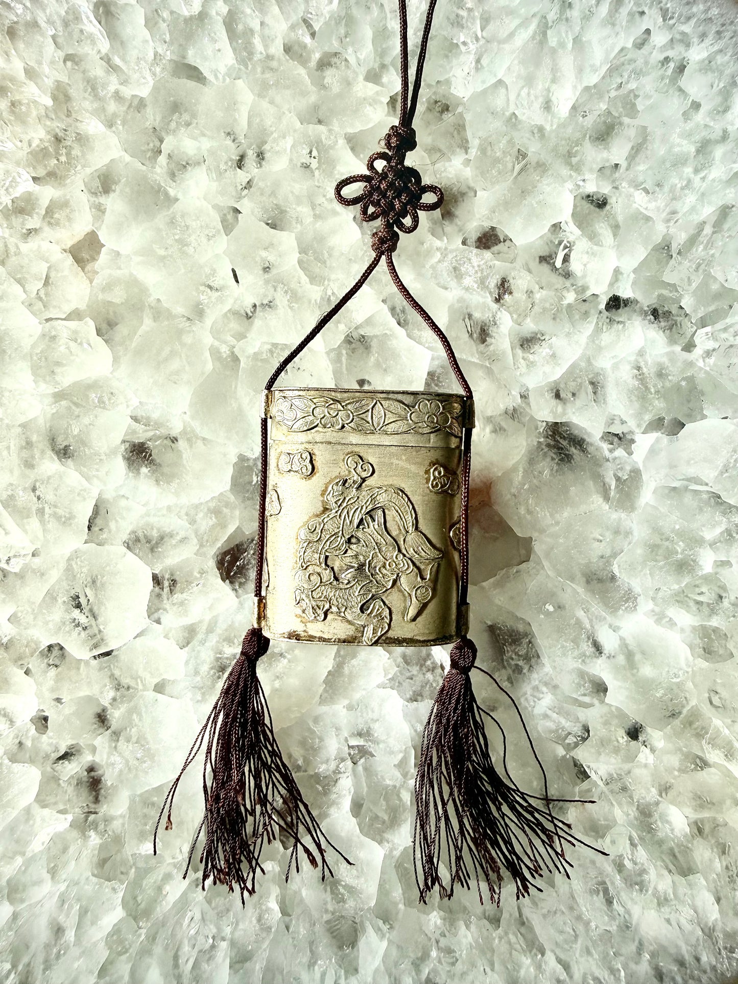 Vintage Silver Tone Dragon Embossed Tassel Trinket Box Necklace