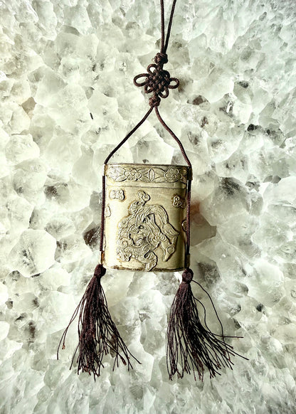Vintage Silver Tone Dragon Embossed Tassel Trinket Box Necklace