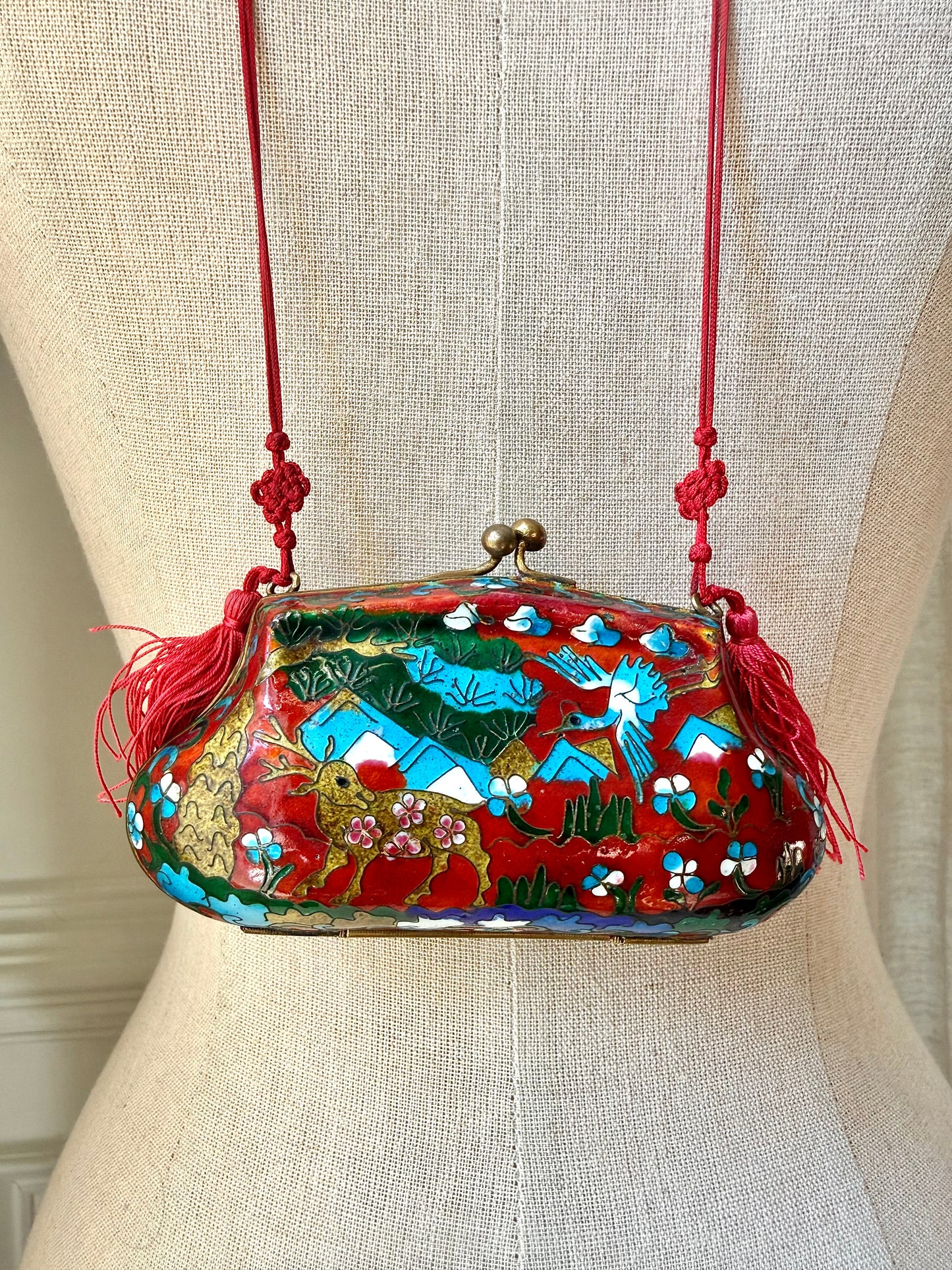 Vintage Cloisonné Deer & Crane Tassel Purse Pendant Necklace