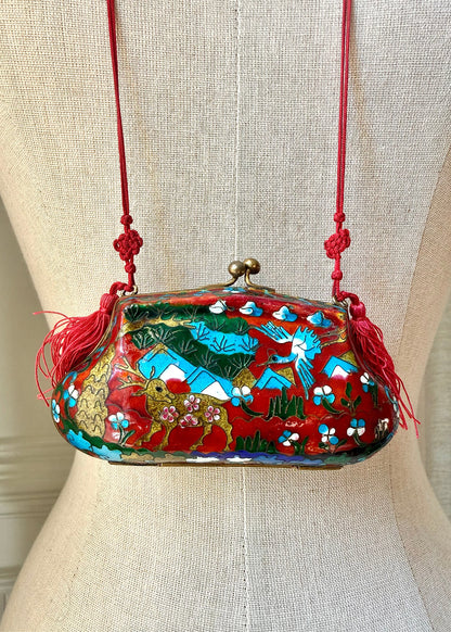 Vintage Cloisonné Deer & Crane Tassel Purse Pendant Necklace