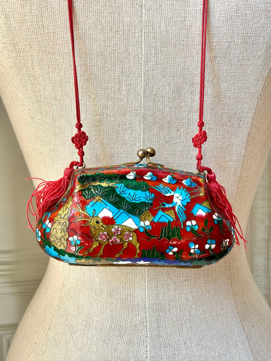 Vintage Cloisonné Deer & Crane Tassel Purse Pendant Necklace