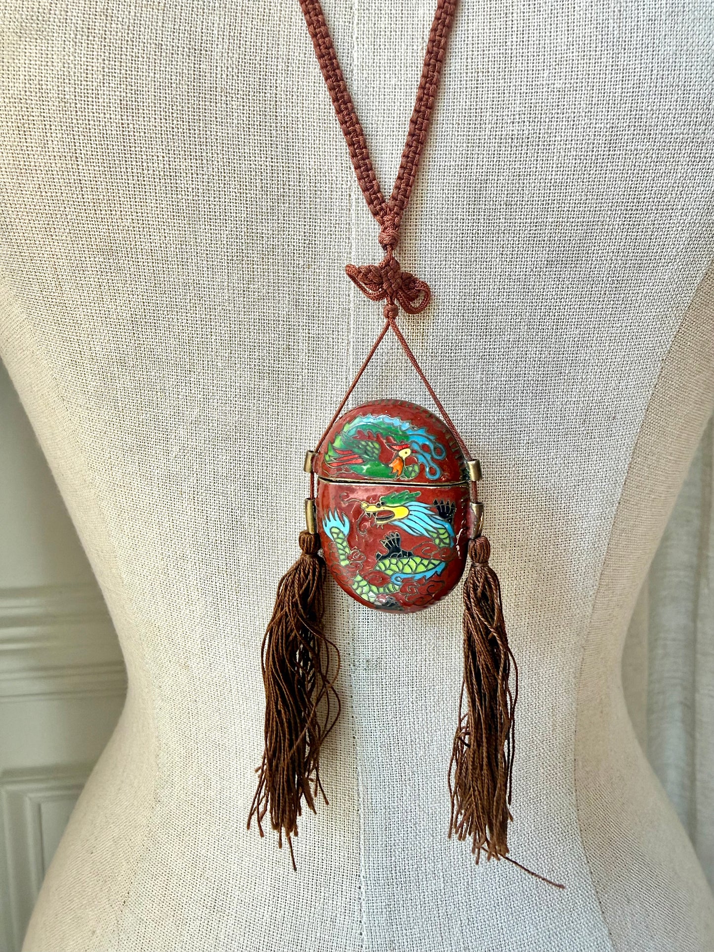 Vintage Cloisonné Dragon + Phoenix Oval Tassel Box Necklace