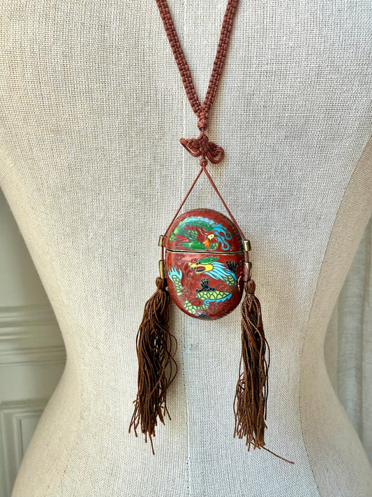 Vintage Cloisonné Dragon + Phoenix Oval Tassel Box Necklace