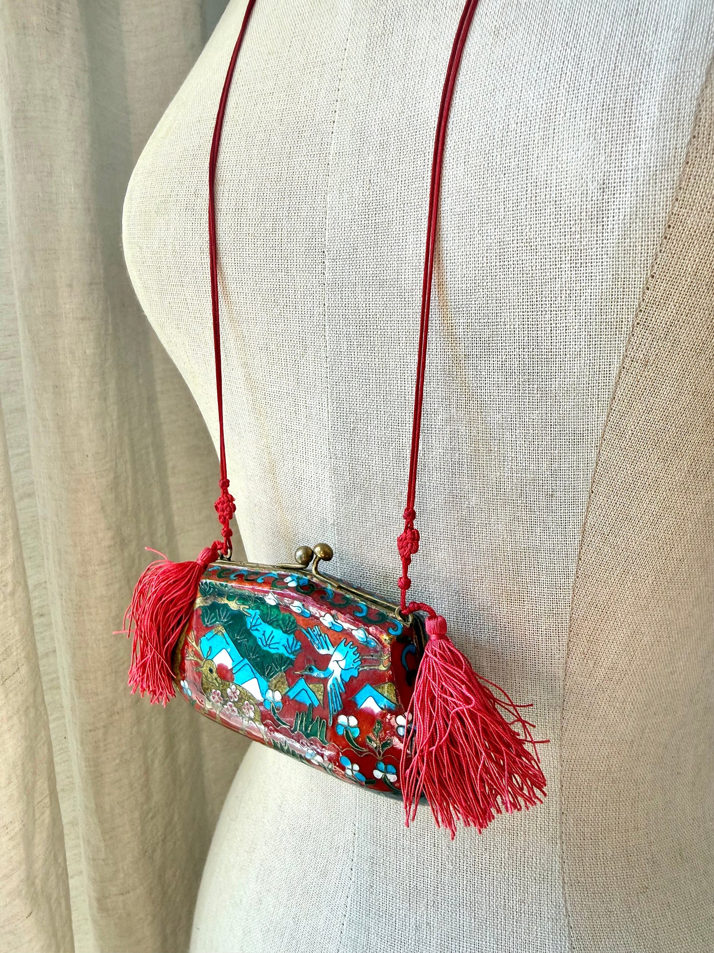 Vintage Cloisonné Deer & Crane Tassel Purse Pendant Necklace