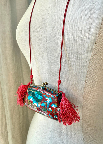 Vintage Cloisonné Deer & Crane Tassel Purse Pendant Necklace