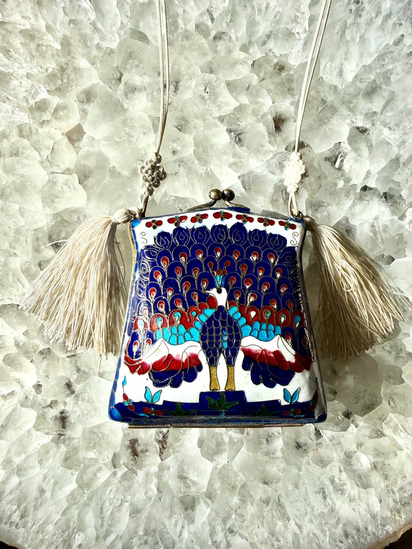 Vintage Cloisonné Peacock Blue Tassel Purse Necklace