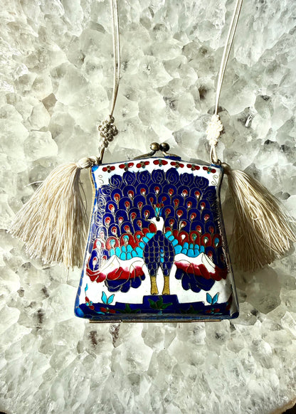 Vintage Cloisonné Peacock Blue Tassel Purse Necklace
