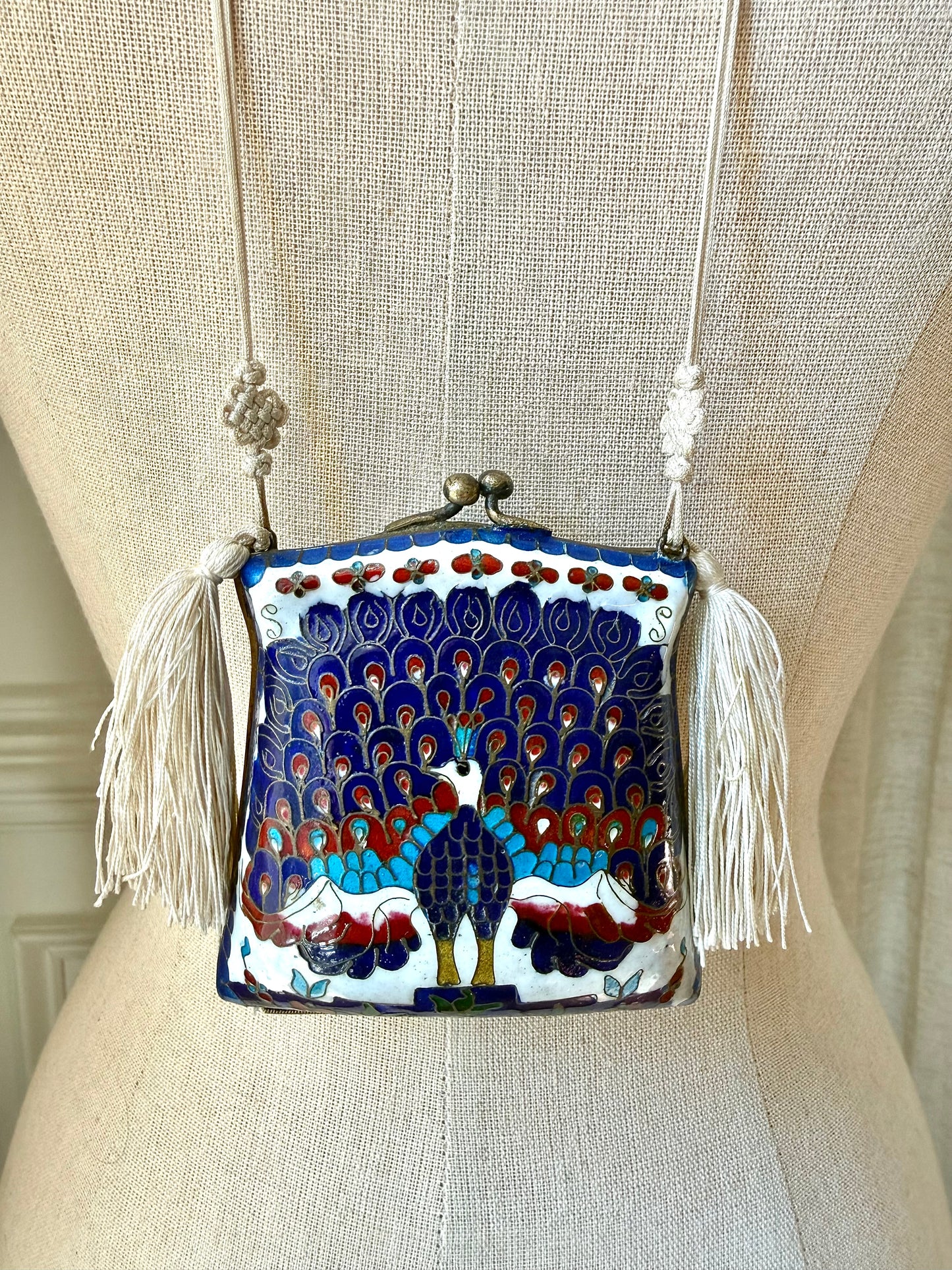 Vintage Cloisonné Peacock Blue Tassel Purse Necklace