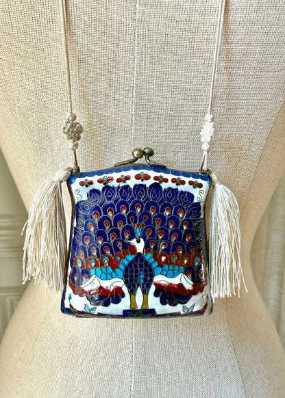 Vintage Cloisonné Peacock Blue Tassel Purse Necklace