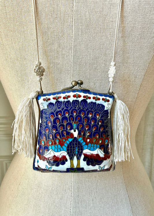 Vintage Cloisonné Peacock Blue Tassel Purse Necklace