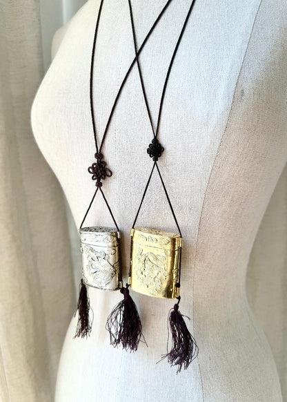 Vintage Silver Tone Dragon Embossed Tassel Trinket Box Necklace