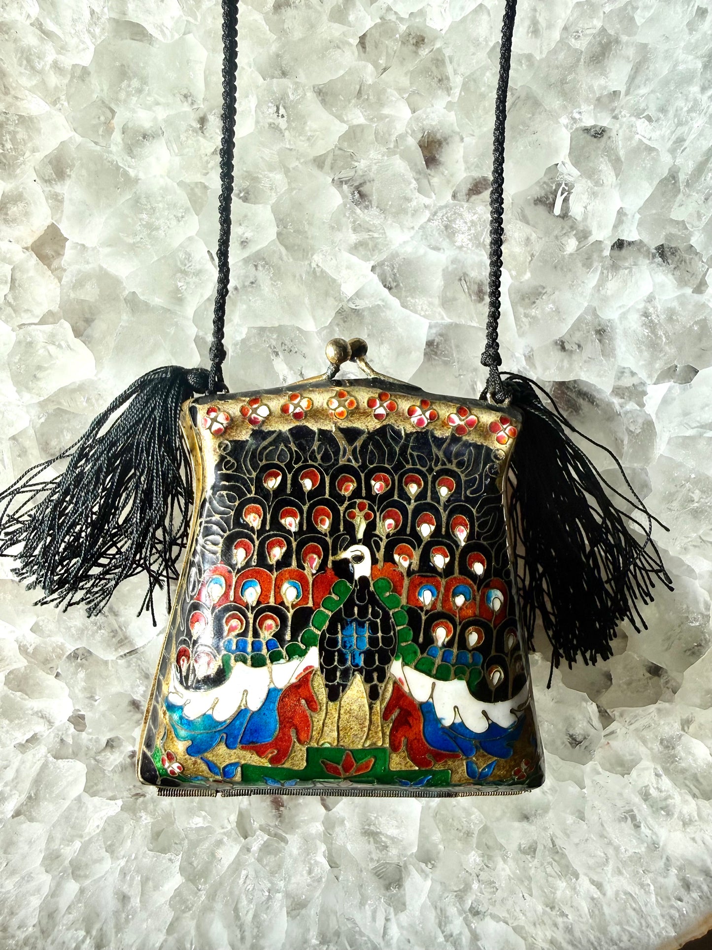 Vintage Cloisonné Peacock Tassel Purse Necklace