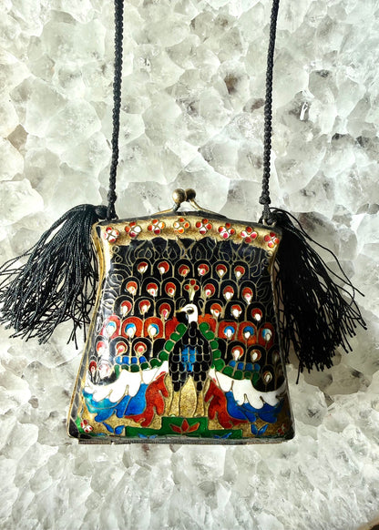 Vintage Cloisonné Peacock Tassel Purse Necklace