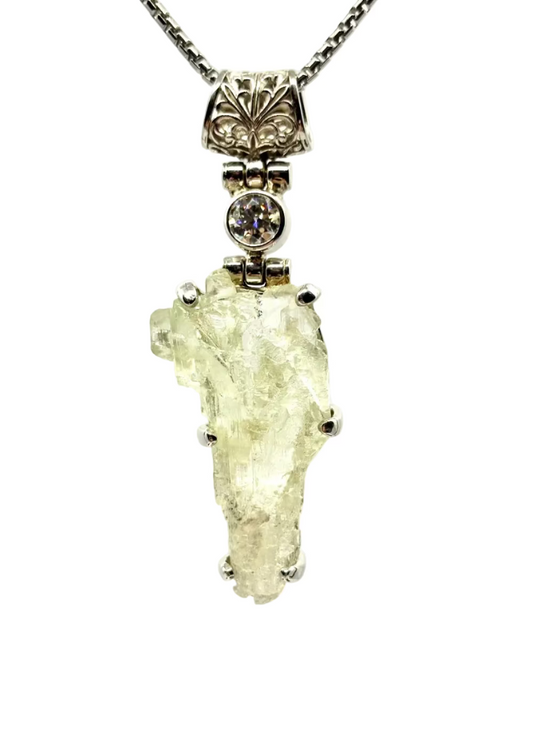 Raw Aquamarine + Moissanite, Fine Vibrational Gemstone Pendant