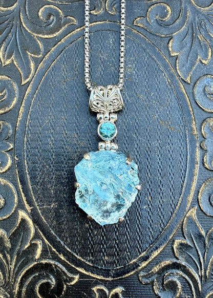 Blue Beryl Raw + Blue Zircon Vibrational Gemstone Pendant