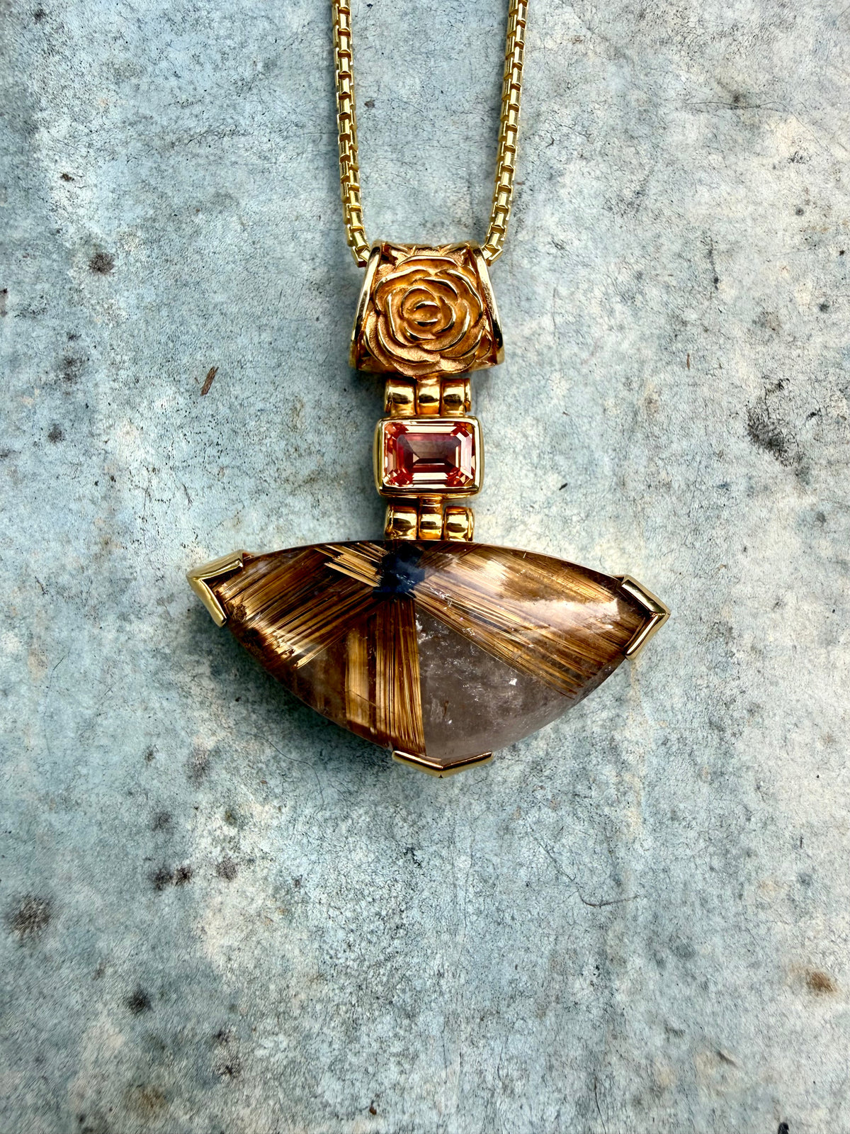 Golden Rutilated Quartz Flower + Imperial Topaz Vibrational Gemstone Pendant