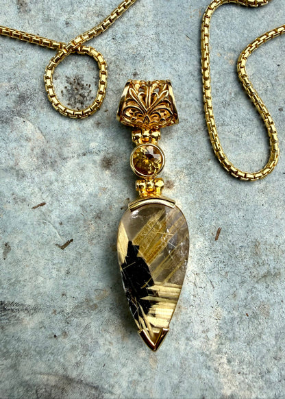 Golden Rutilated Quartz Flower + Golden Beryl Vibrational Gemstone Pendant