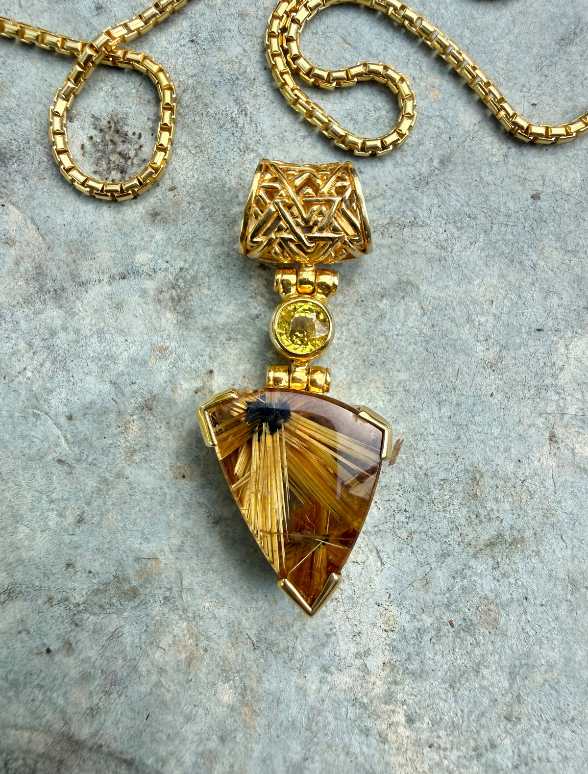 Golden Rutilated Quartz Flower + Yellow Sapphire Vibrational Gemstone Pendant