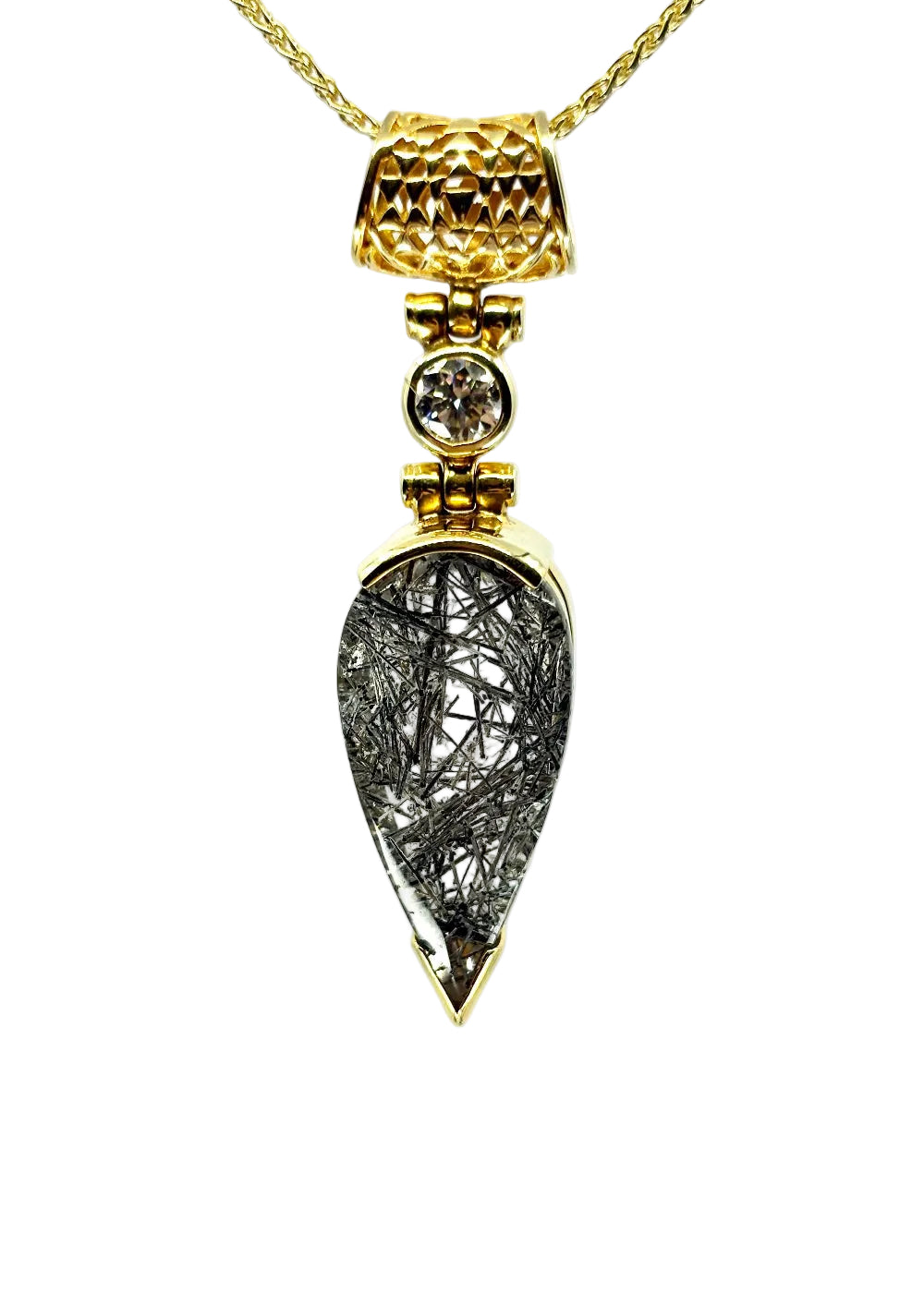 Rutilated Black Tourmaline + Moissanite Fine Vibrational Gemstone Pendant