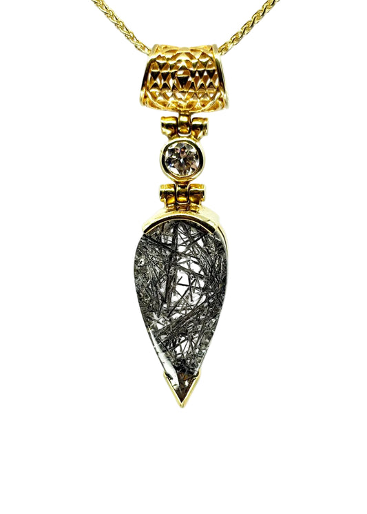 Rutilated Black Tourmaline + Moissanite Fine Vibrational Gemstone Pendant