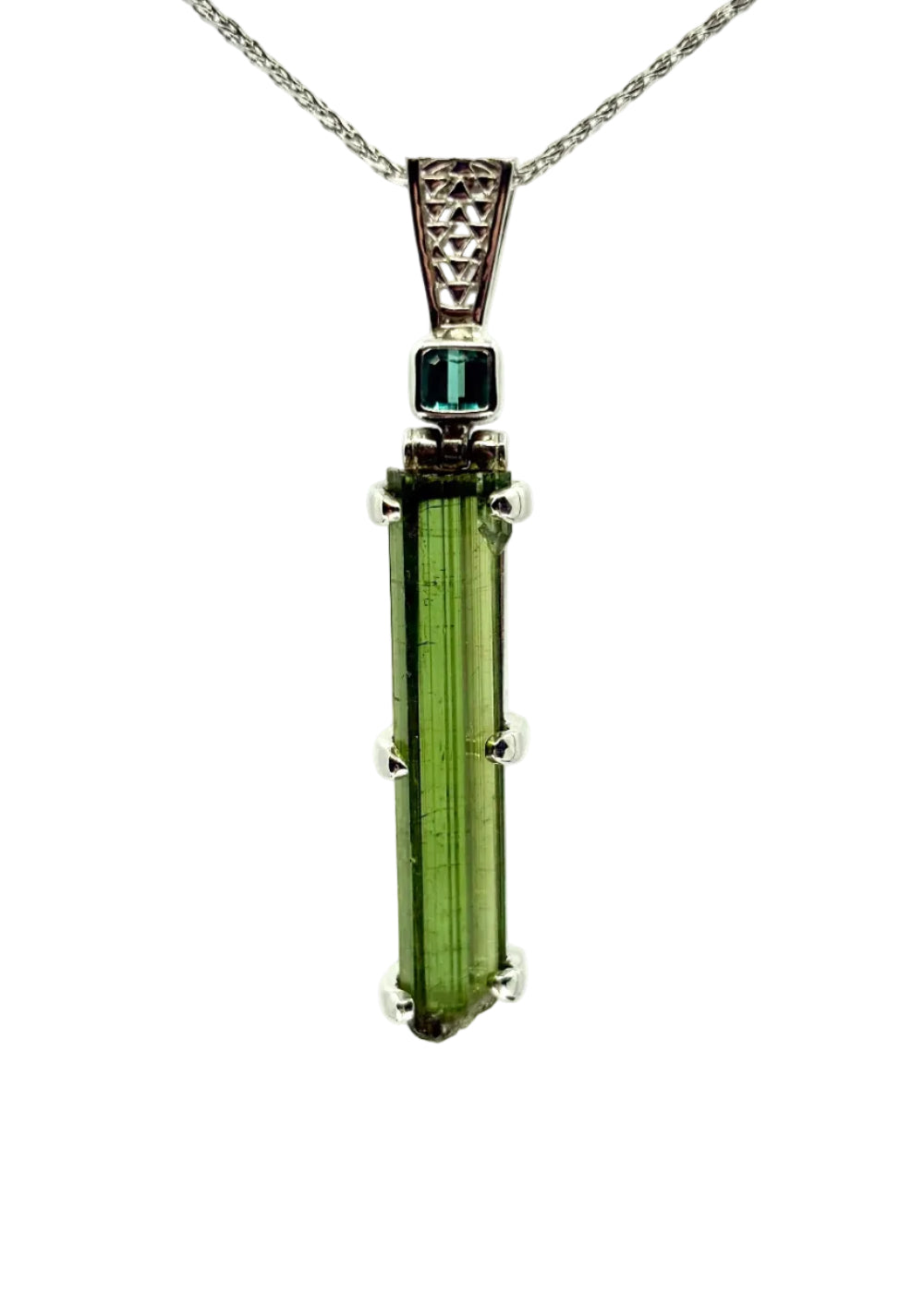 Raw Green Tourmaline + Indicolite Fine Vibrational Gemstone Pendant