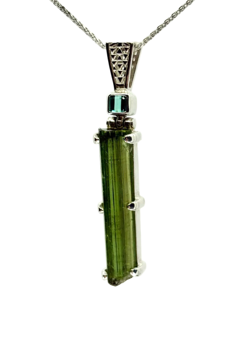 Raw Green Tourmaline + Indicolite Fine Vibrational Gemstone Pendant