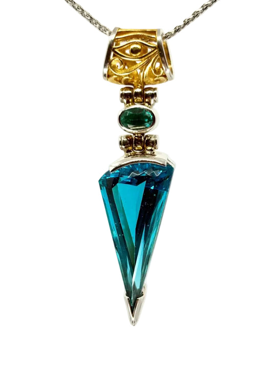 Blue Green Obsidian + Yag Paraiba Fine Vibrational Gemstone Pendant