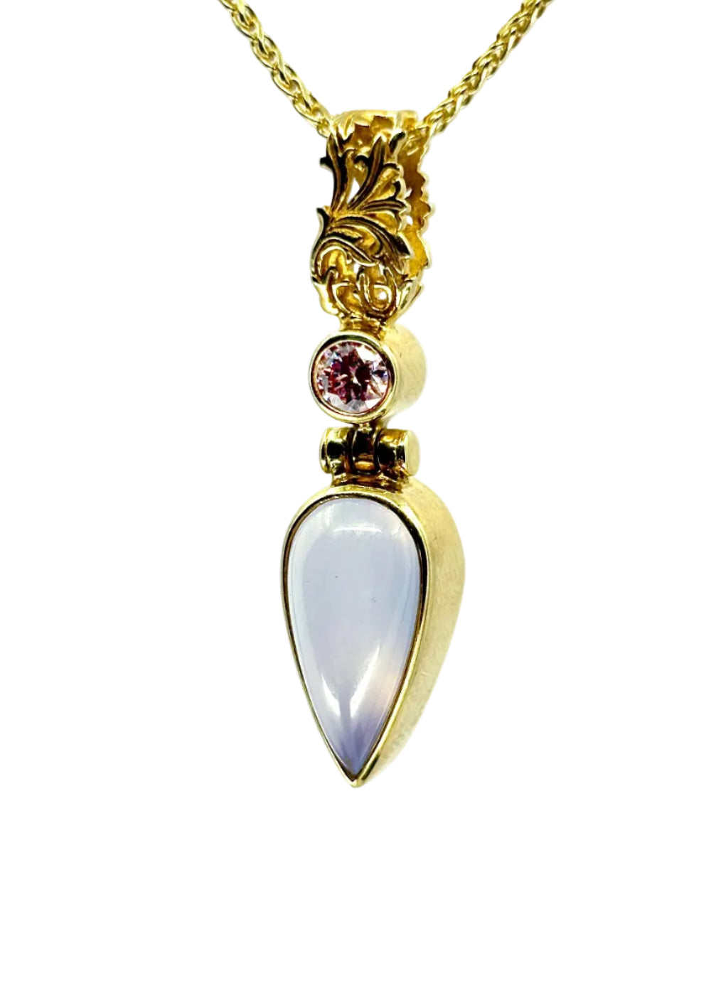 Chalcedony + Pink Moissanite, Fine Vibrational Gemstone Pendant