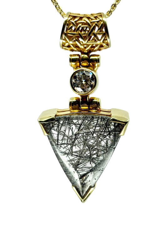 Black Tourmaline Rutilated Quartz + Moissanite Fine Vibrational Gemstone Pendant