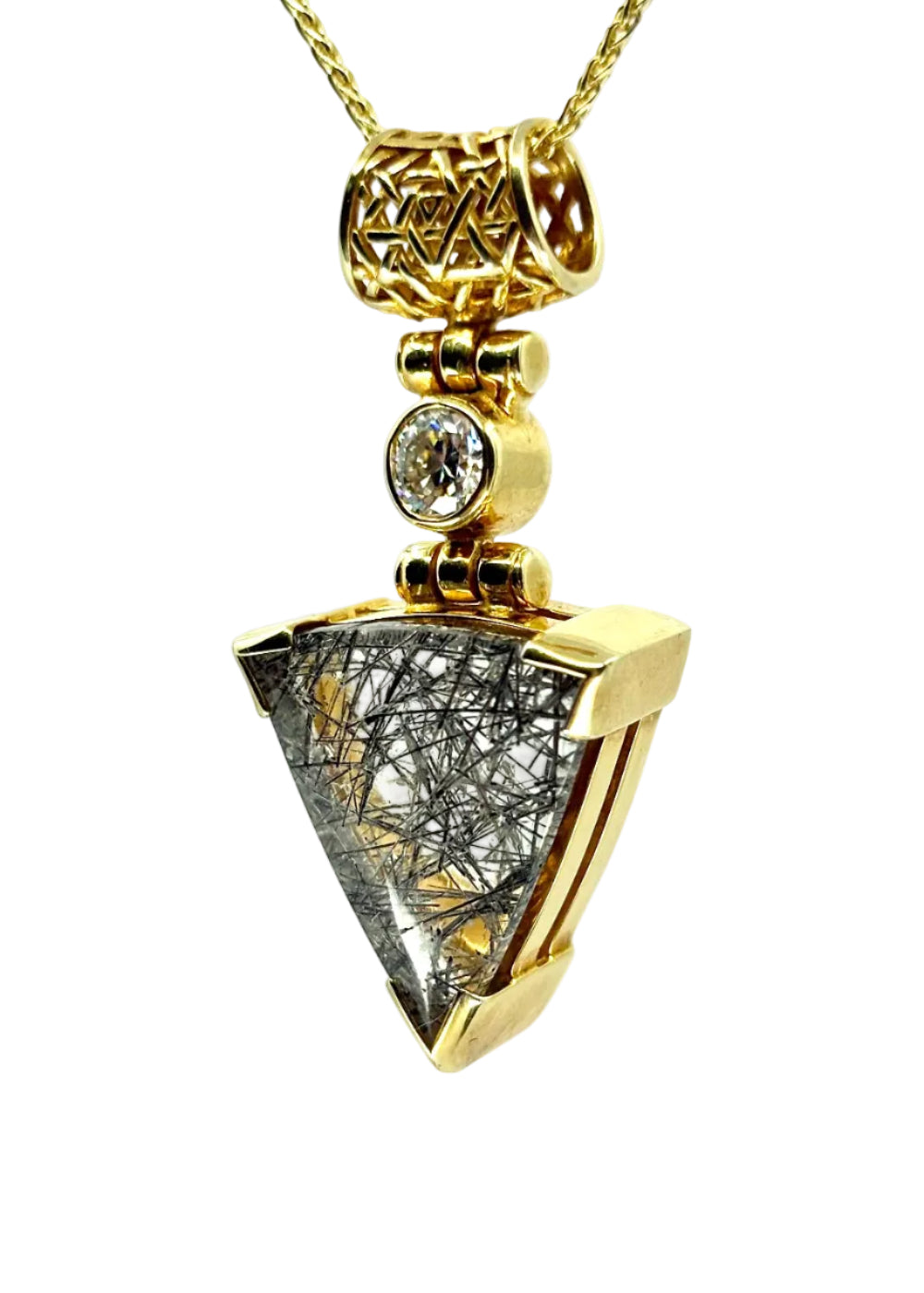 Black Tourmaline Rutilated Quartz + Moissanite Fine Vibrational Gemstone Pendant