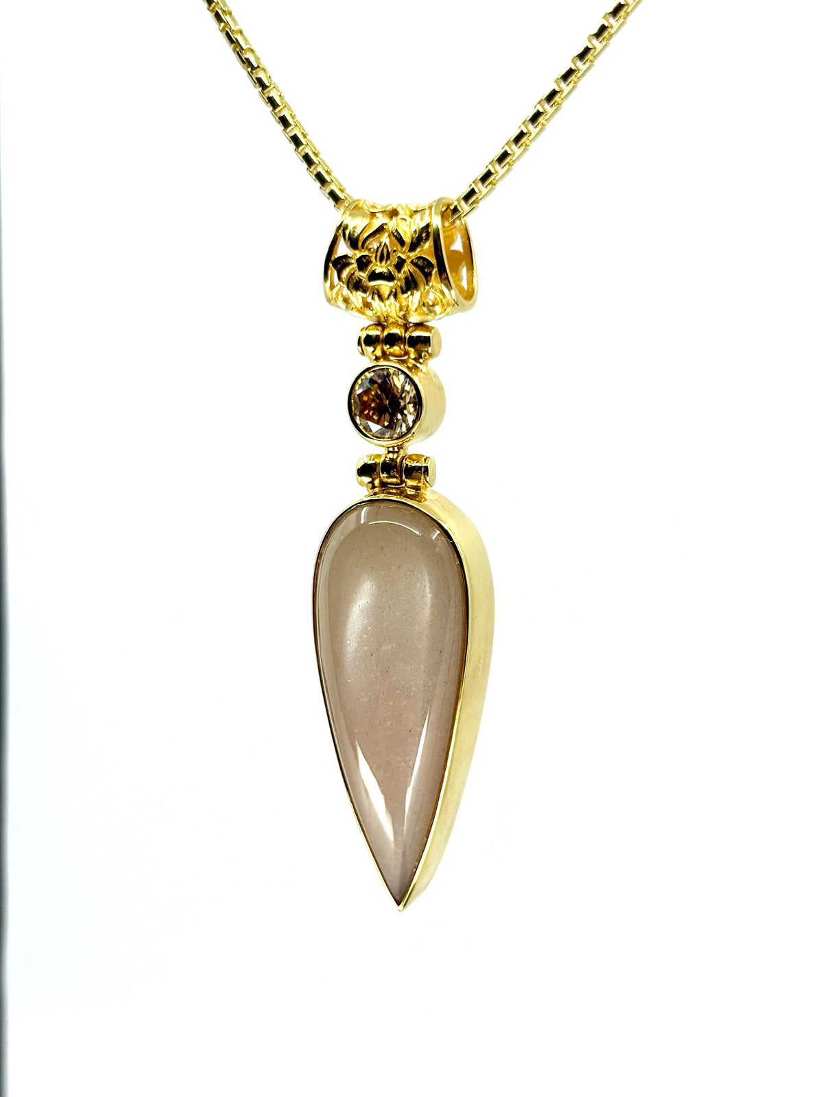 Fine Peach Moonstone + Champagne Moissanite Vibrational Gemstone Pendant