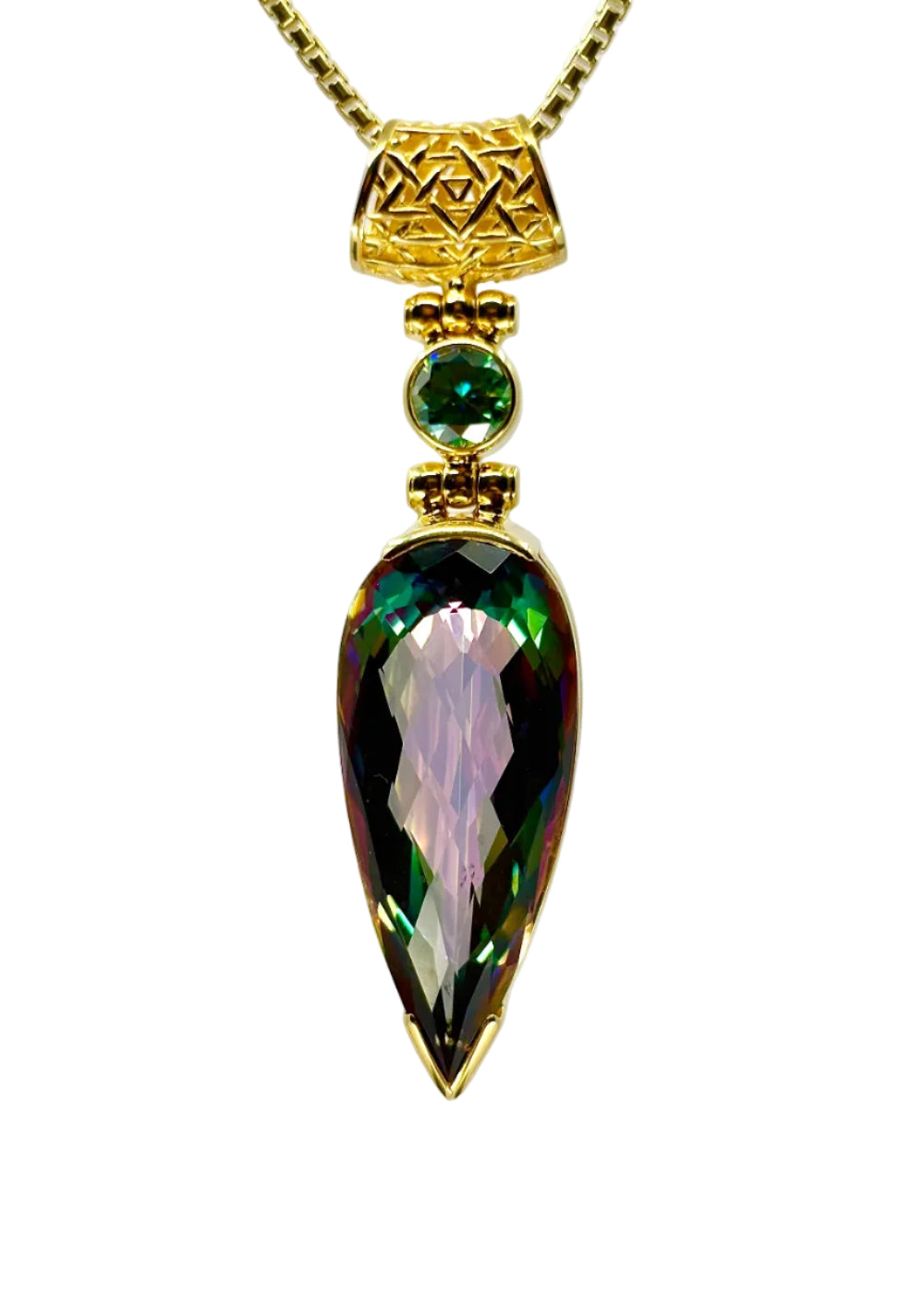 Luminous Heart Mystic Quartz + BlueGreen Moissanite Fine Vibrational Gemstone Pendant