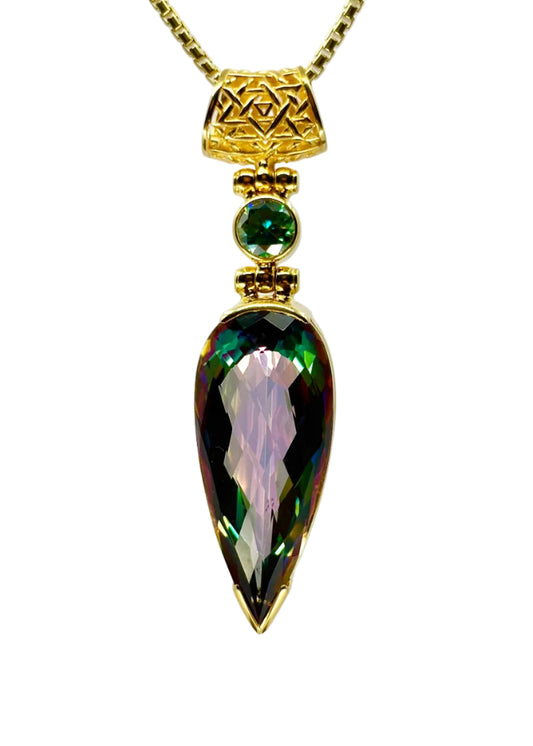 Luminous Heart Mystic Quartz + BlueGreen Moissanite Fine Vibrational Gemstone Pendant