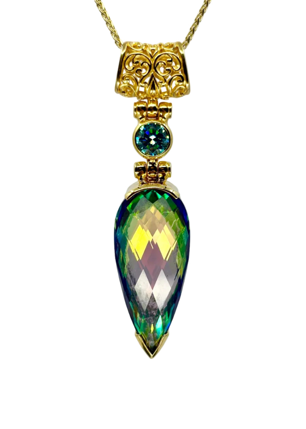 Luminous Heart Mystic Quartz + BlueGreen Moissanite Fine Vibrational Gemstone Pendant