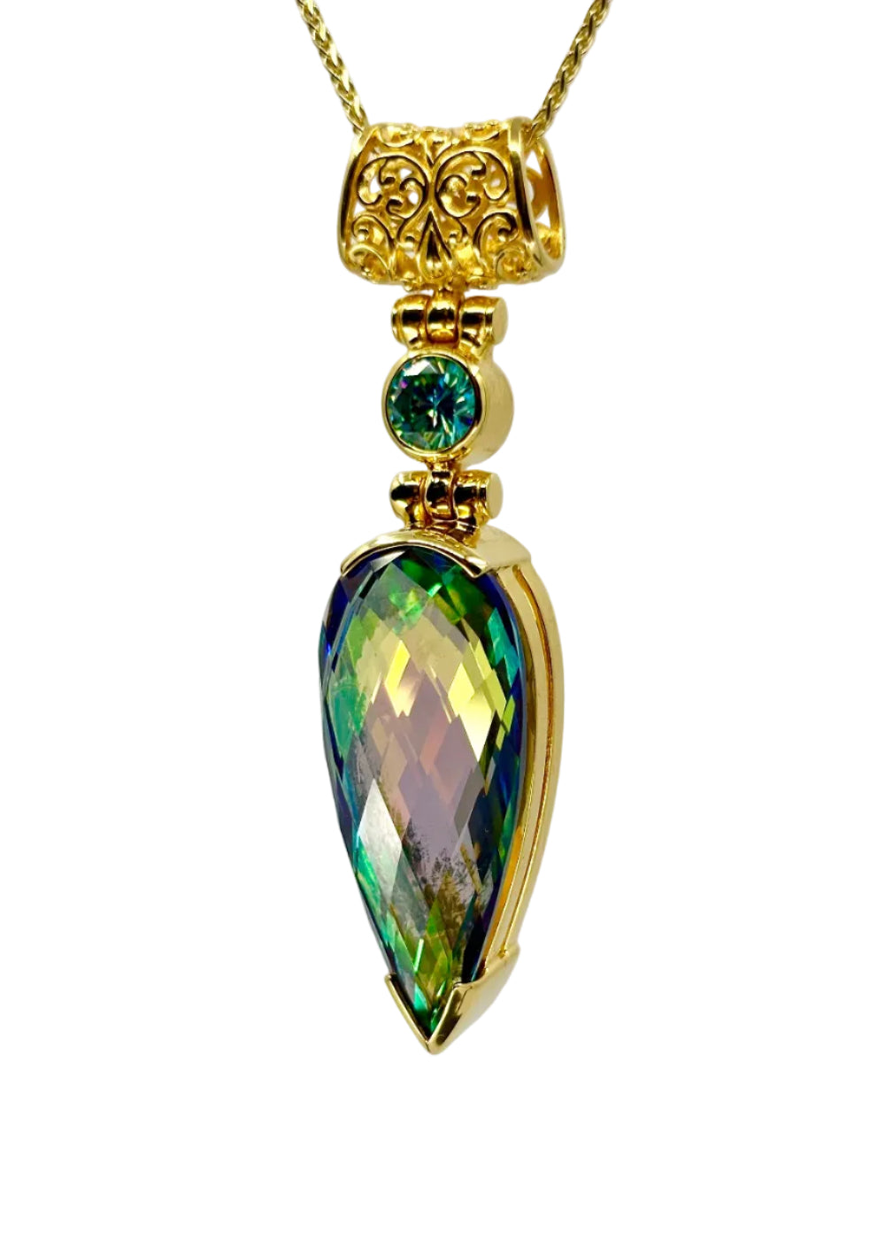 Luminous Heart Mystic Quartz + BlueGreen Moissanite Fine Vibrational Gemstone Pendant