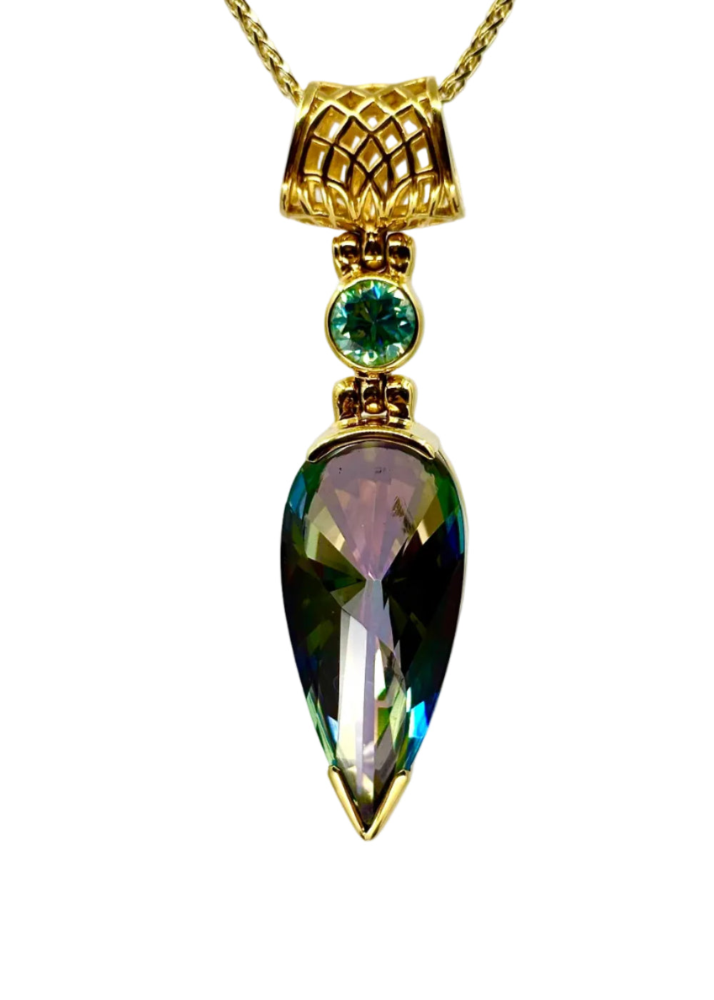Luminous Heart Mystic Quartz + BlueGreen Moissanite Fine Vibrational Gemstone Pendant