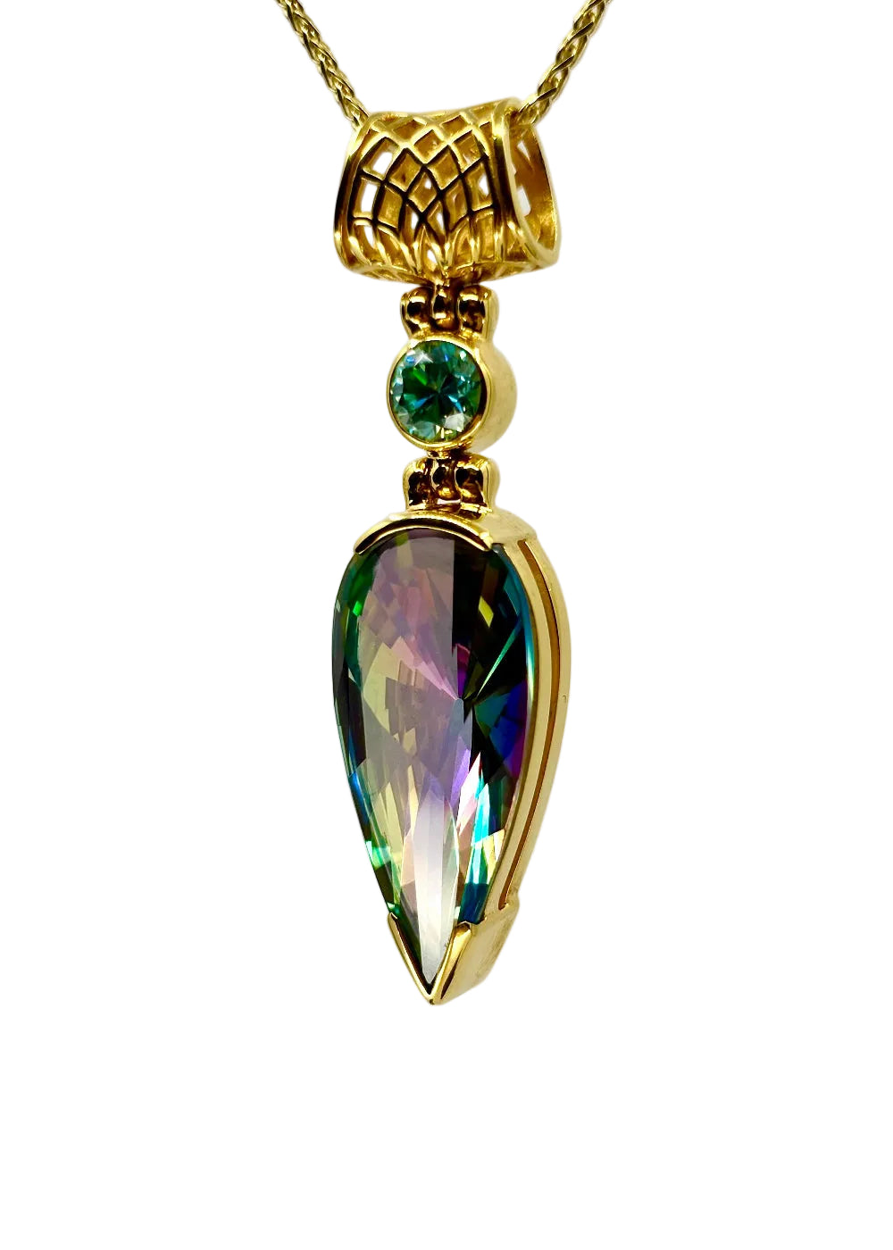 Luminous Heart Mystic Quartz + BlueGreen Moissanite Fine Vibrational Gemstone Pendant