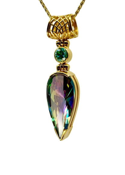 Luminous Heart Mystic Quartz + BlueGreen Moissanite Fine Vibrational Gemstone Pendant