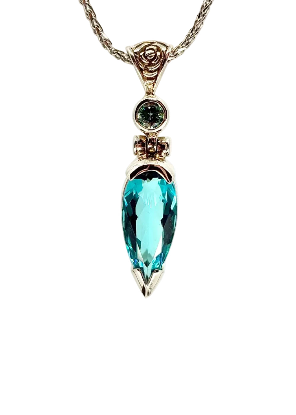 Blue Green Obsidian + BlueGreen Moissanite Fine Vibrational Gemstone Pendant