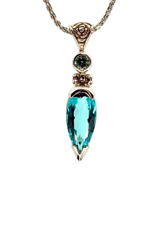 Blue Green Obsidian + BlueGreen Moissanite Fine Vibrational Gemstone Pendant