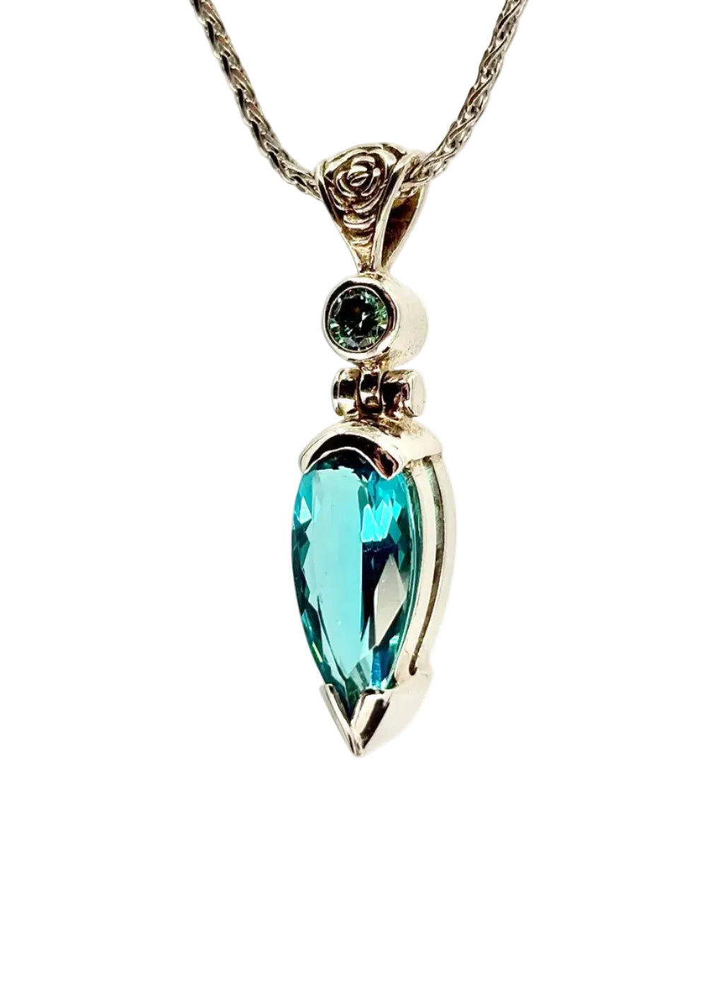Blue Green Obsidian + BlueGreen Moissanite Fine Vibrational Gemstone Pendant