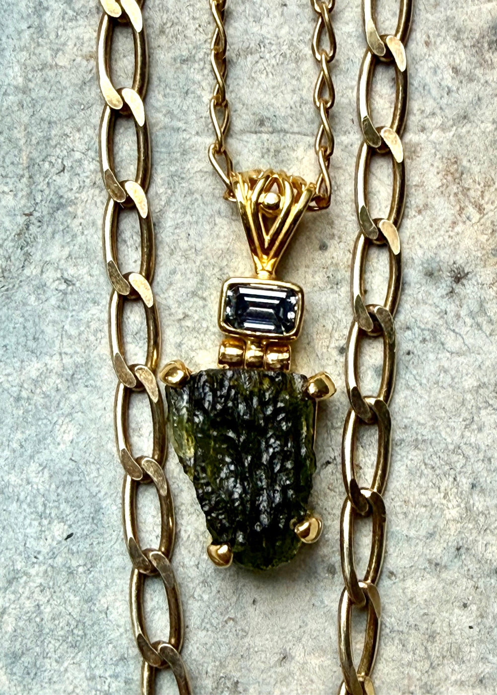Moldavite + Black Moisanite Fine Vibrational Gemstone Pendant