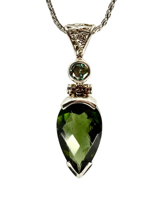 Faceted Moldavite + Moissanite Vibrational Gemstone Pendant