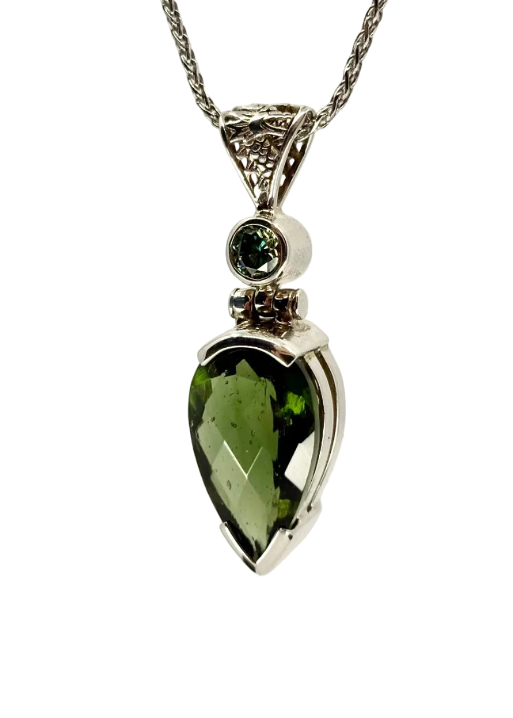Faceted Moldavite + Moissanite Vibrational Gemstone Pendant