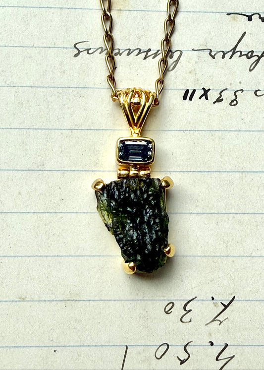 Moldavite + Black Moisanite Fine Vibrational Gemstone Pendant