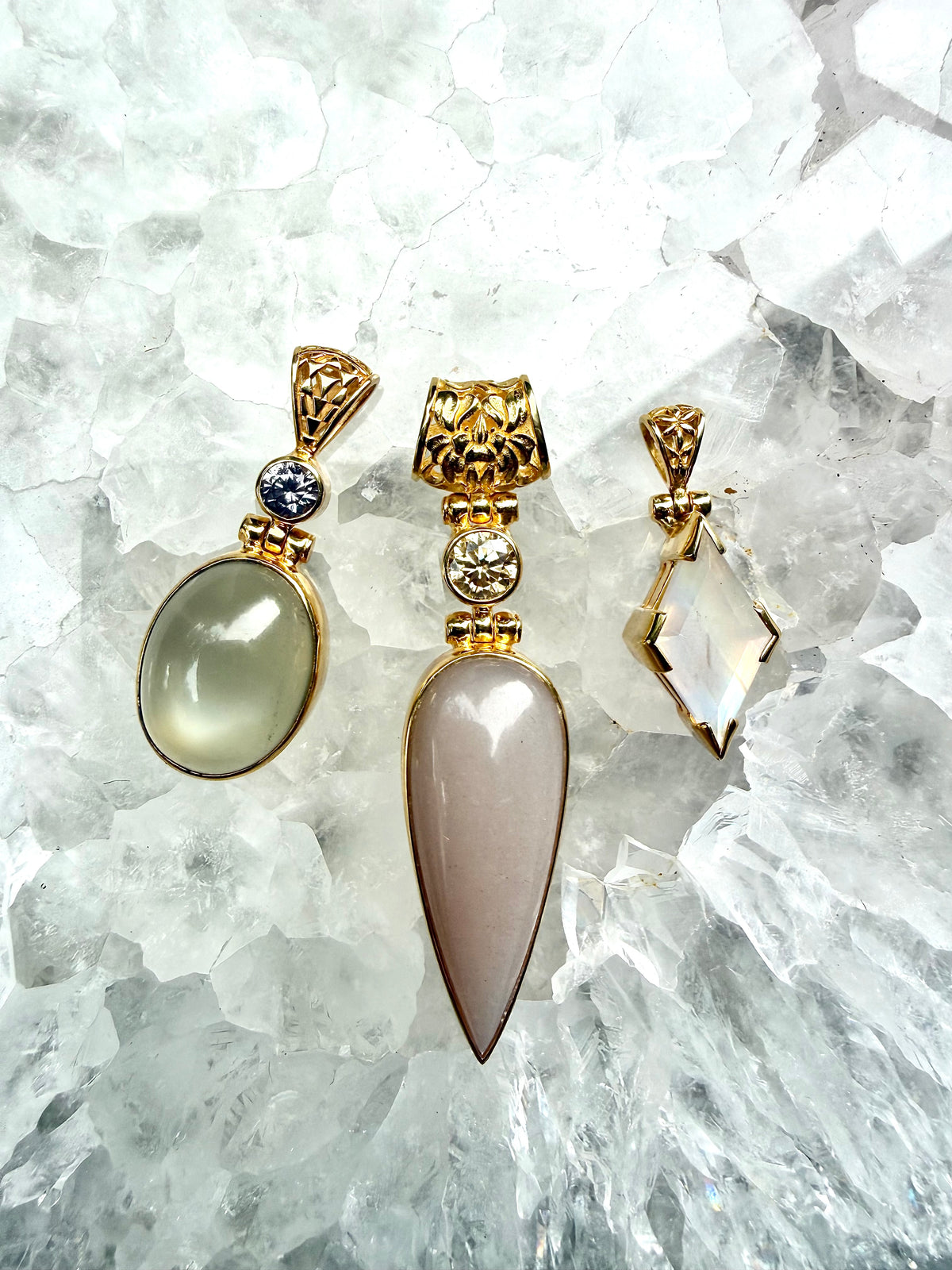 Fine Peach Moonstone + Champagne Moissanite Vibrational Gemstone Pendant